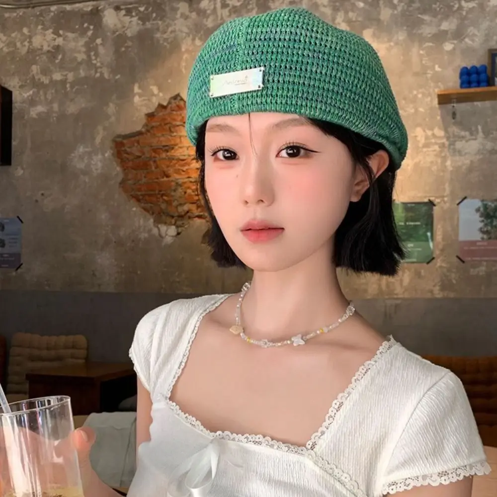 

Cute Breathable Hollowed Out Beret Hat Vintage Japanese Style Weave Hat Fashionable Painter Hat Crochet Knitted Cap Women