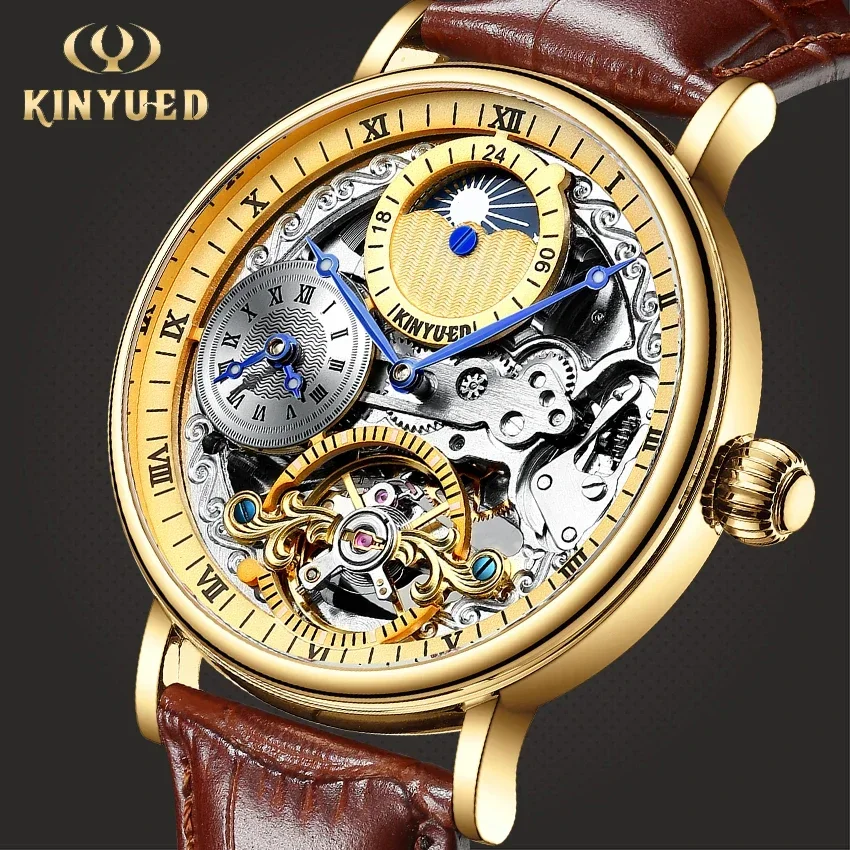 

KINYUED Moon Phase Automatic Mechanical Men Watch Multiple Time Zone Luminous Hands Waterproof Wrist Watch relogio masculino