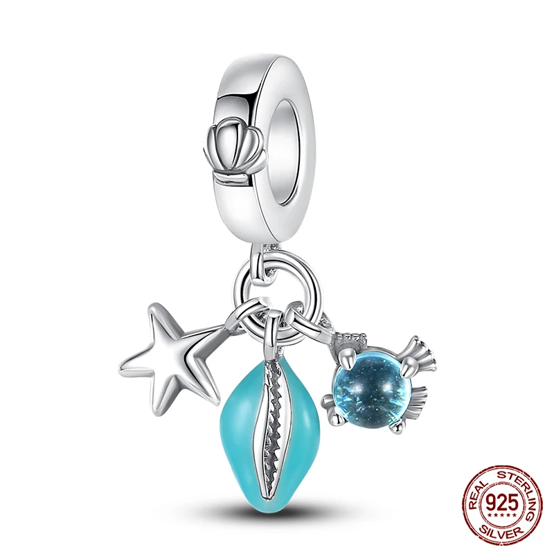 Zcomprend-Perles de charme d'animaux sous-marins en argent regardé 925 pour femme, s'adapte à Pandora, bracelet original, collier, pendentif, bleu, nouveau