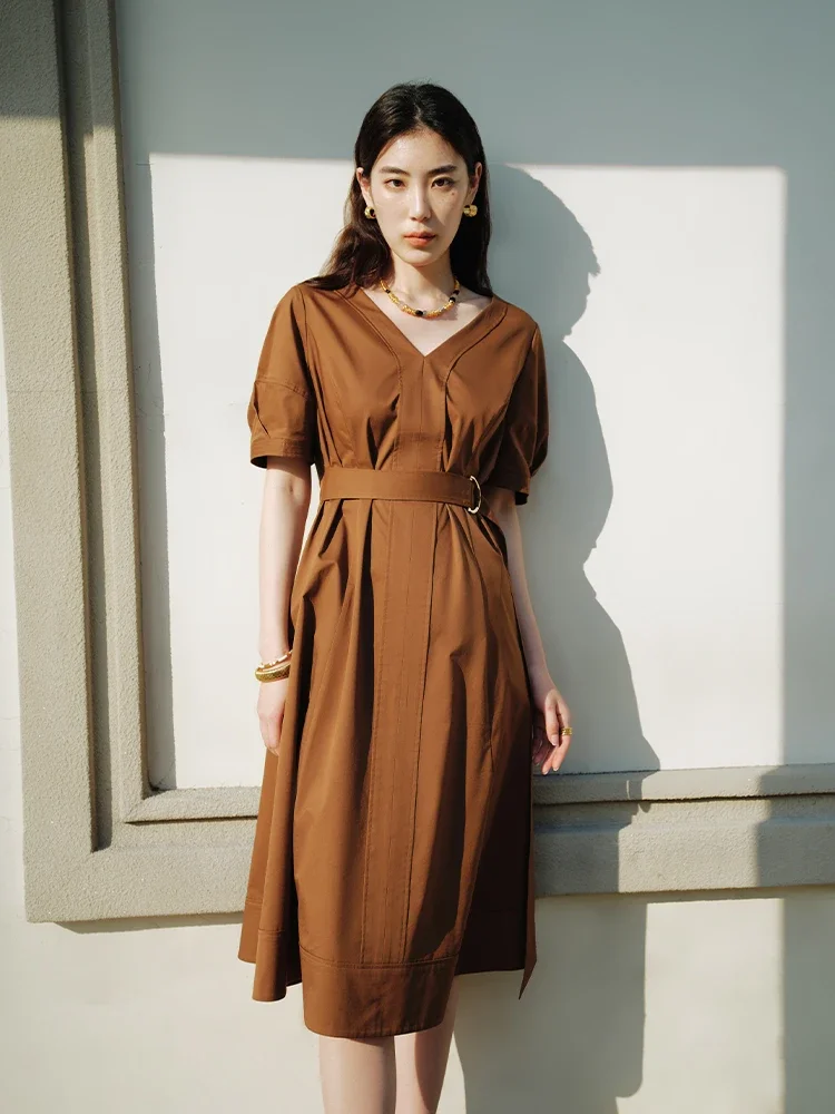 

DUSHU French Style V-neck High Waist Commuting All-Match Women Dress 2024 Summer New Temperament Elegant Female Dress 24DS82404