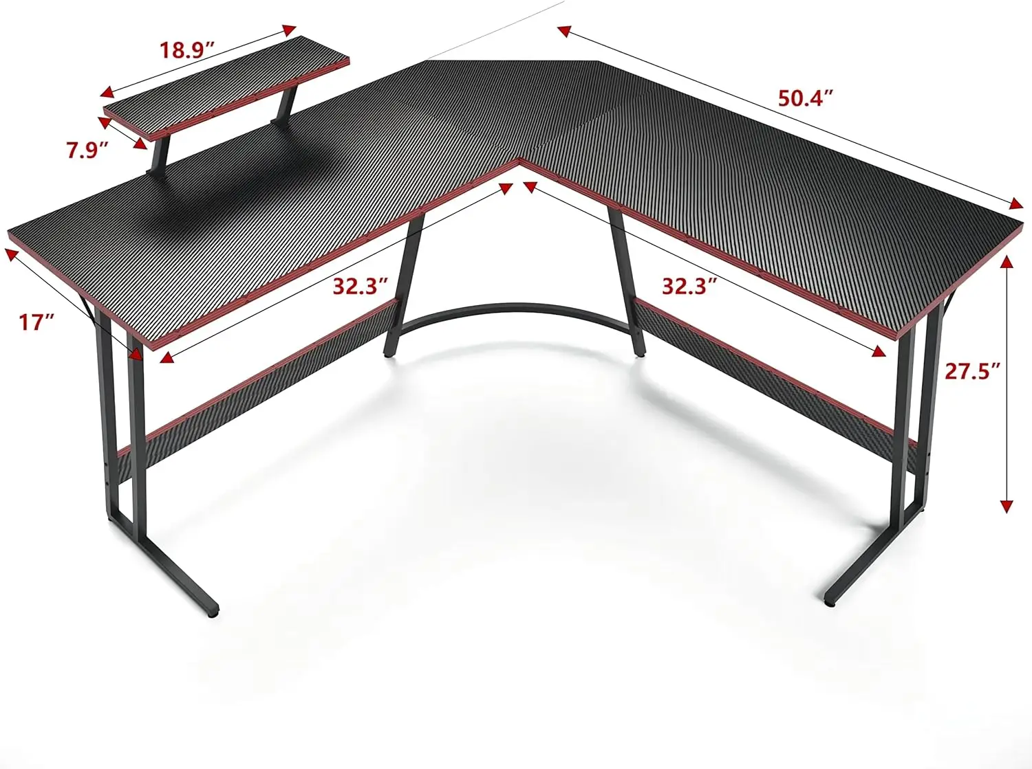 L deu forma à mesa do jogo, tabela de canto do computador, grande suporte do monitor, superfície da fibra do carbono, preto, 51"