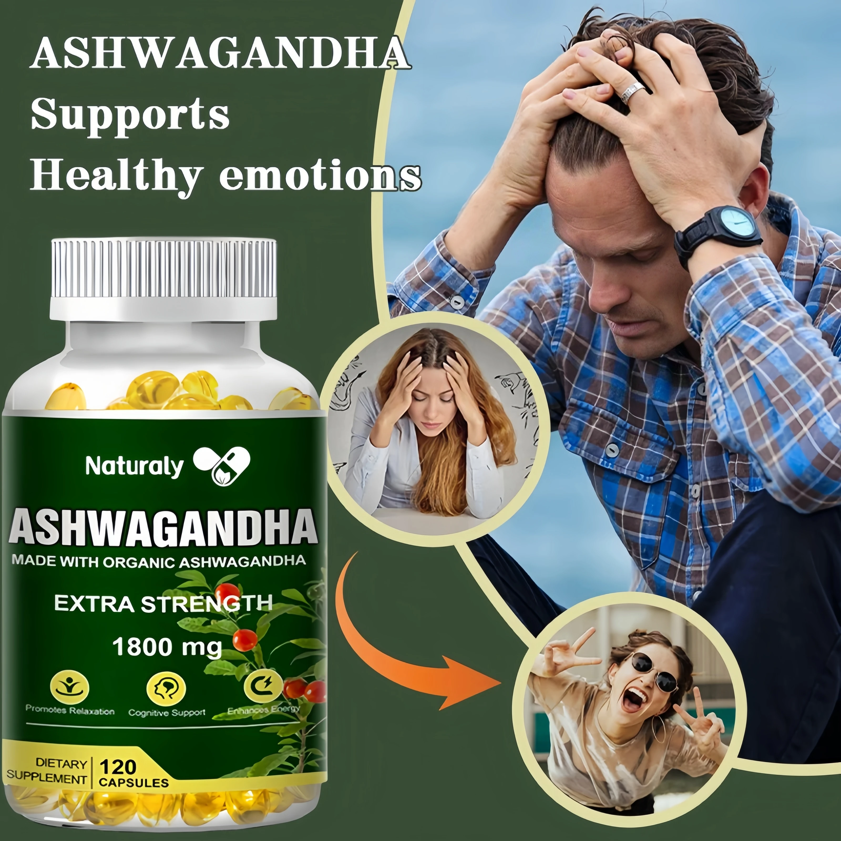 Pure Organic Ashwagandha Root Extract Capsule 1800mg Supplement Help Stress, Focus, Brain, Energy Support Sleep Health