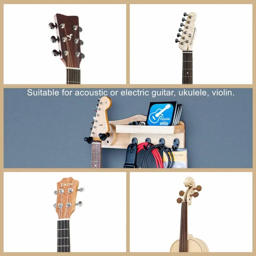 Wall Mount madeira maciça guitarra cabide, prateleira multifunções para guitarra elétrica acústica, cavaquinho, violino com 4 ganchos