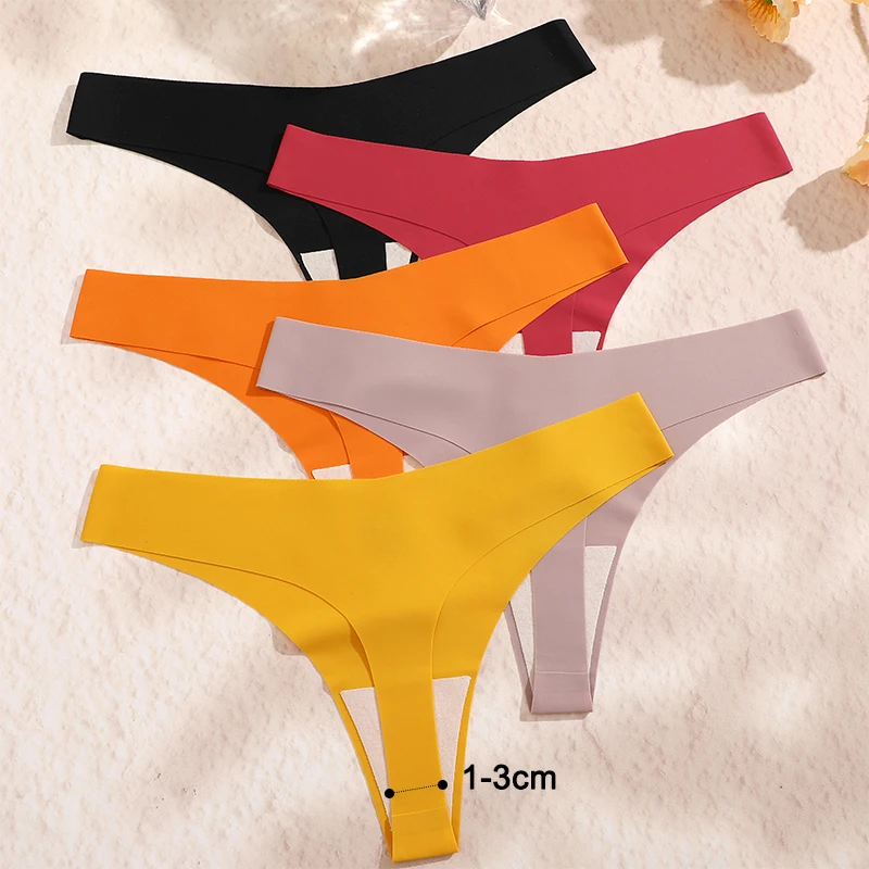 FINETOO 5PCS Ice Silk T-back Seamless Thong Women Intimate Solid Breathable Crotch Briefs Sexy Tanga Multiple 10 Color Lingerie