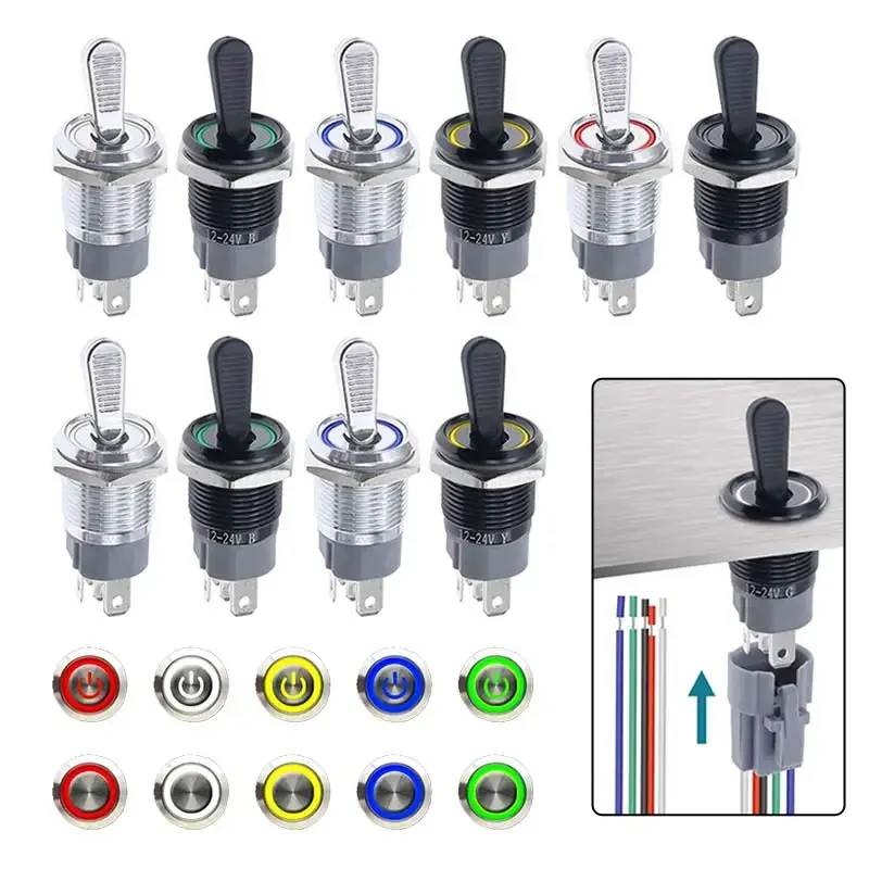 15A Anti-static 16MM Handle Metal Toggle Switch 2 Positions Self-locking Rocker Arm Toggle ON-OFF Slide Power Button with Light