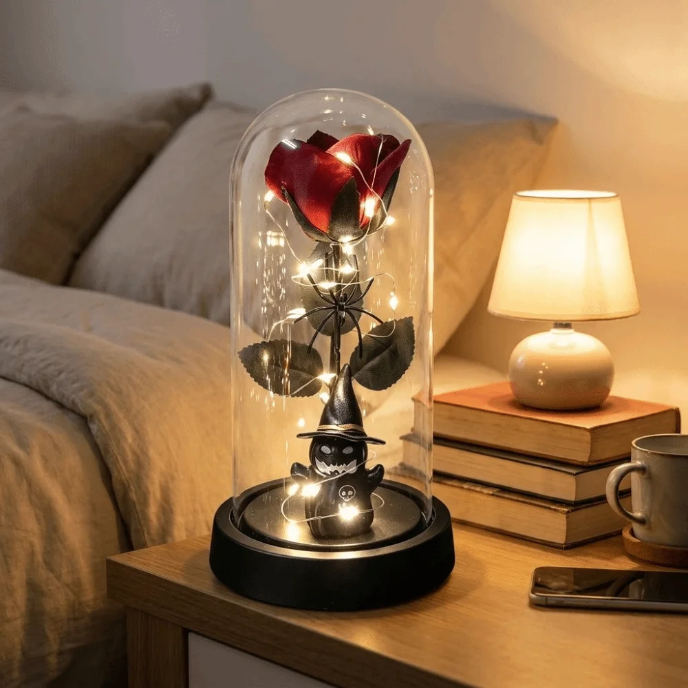 Transparent Cover Halloween Ghost Rose Light Realistic Plastic Luminous Atmosphere Light Glass Dome Rose