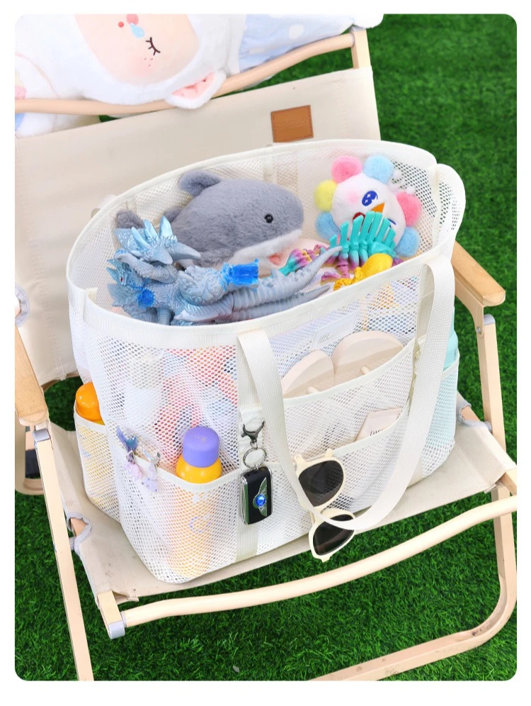Atmungsaktive Mesh-Strandtasche mit mehreren Aufbewahrungstaschen, übergroße, schnell trocknende, wasserdichte Schultertasche für Sommersport im Freien – Detail 12