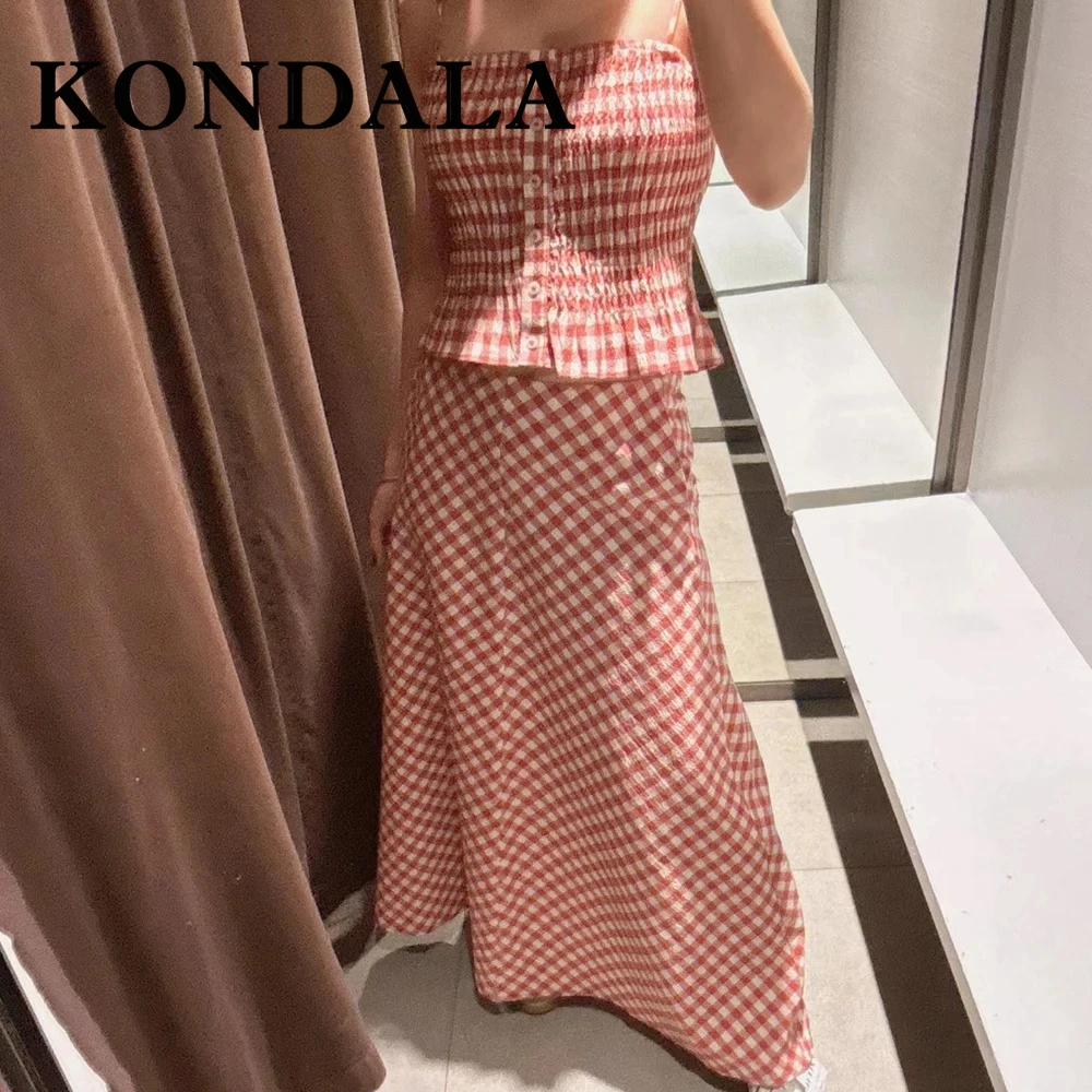 

KONDALA Fashion 2025 Red Women's Suits Sexy Sleeveless Slim Short Tank Top+Sheath Casual Long Skirt Vintage Female Holiday Set