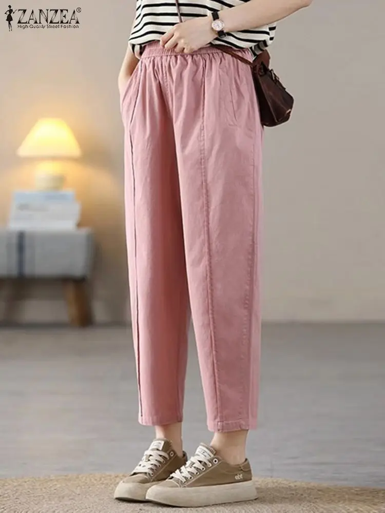 

ZANZEA Vintage Summer Elastic Waist Solid Loose Trousers Women Harem Pants Casual Work Pantalon Fashion Work Palazzo Streetwear