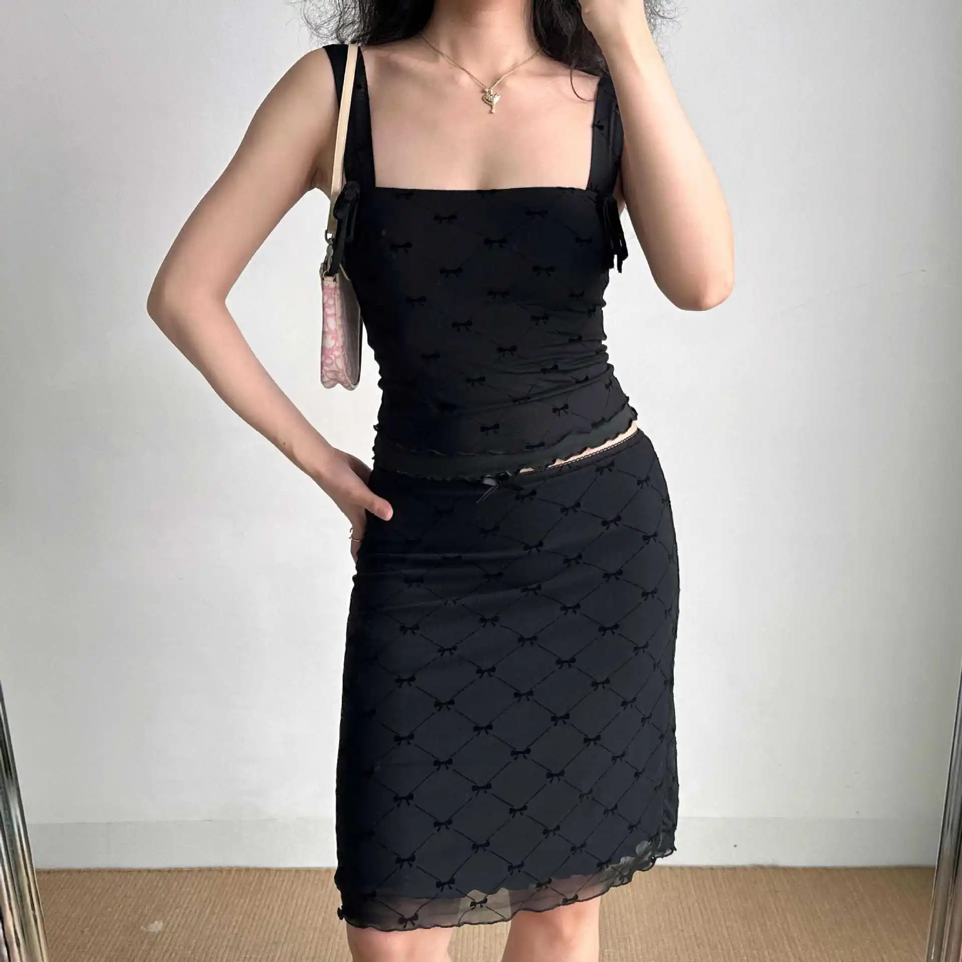 Lace Plaid Short Skirt Summer Versatile Slimming European American Bow A Line Slim Fit Waist Bag Buttocks Mesh