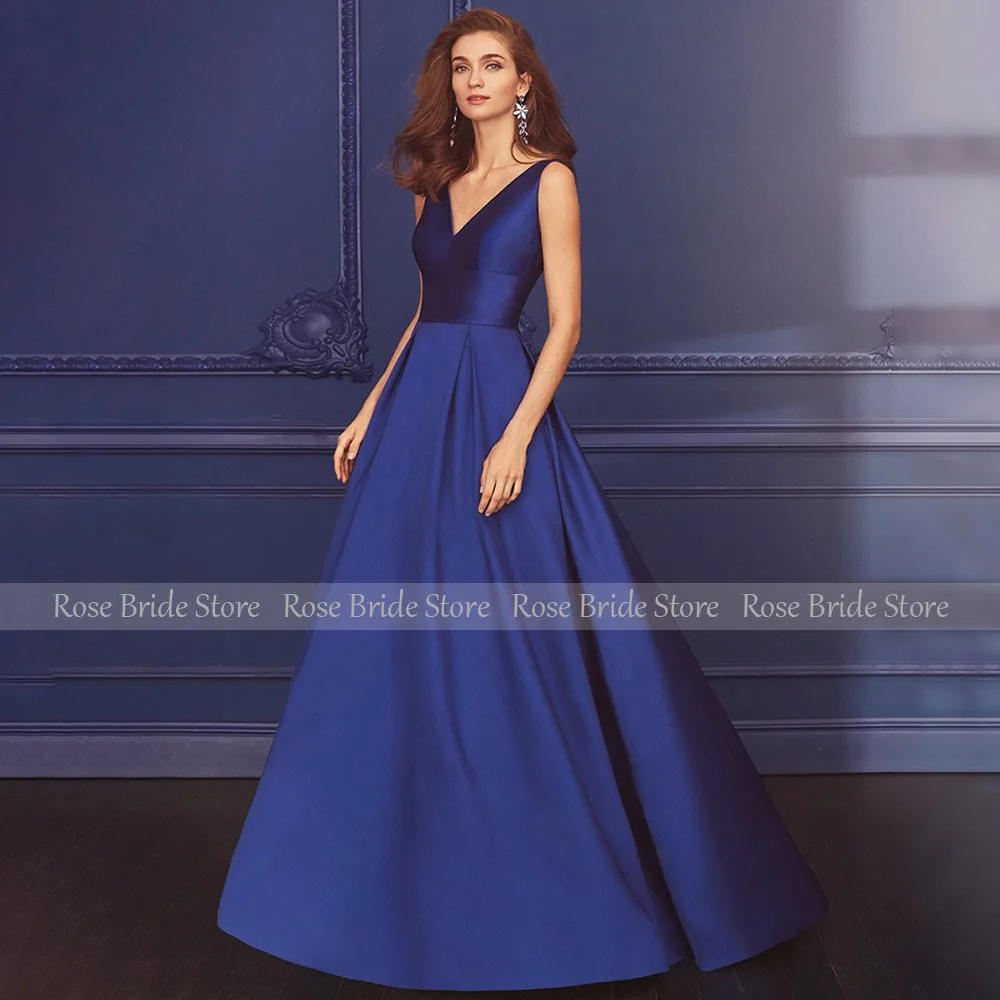 Dark Royal Blue Wedding Guest Dress for Women 2023 Satin A Line Mother of the Bride  Long V Neck Simple Evening Party Gown