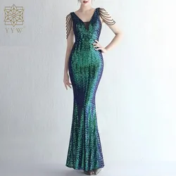 Sleeveless Evening Dress For Cocktail Party Women 2023 Vintage Green Long Sequin Beading Design Formal Dresses Prom Wedding