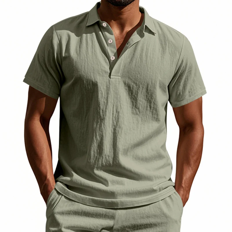 

High-Quality Cotton Linen Short-Sleeved POLO Shirt Men Casual Loose Comfortable Shirt summer tees Button turn-down collar tops