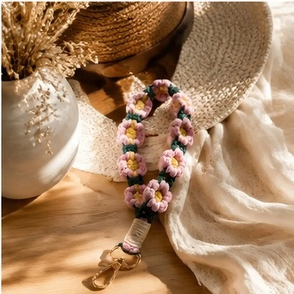 Bohemian Lace Keychain Handmade Daisy Woven Wrist Strap Wristlet Lanyard Keyring Lanyard Phone Wrist Strap Wristlet Keychain