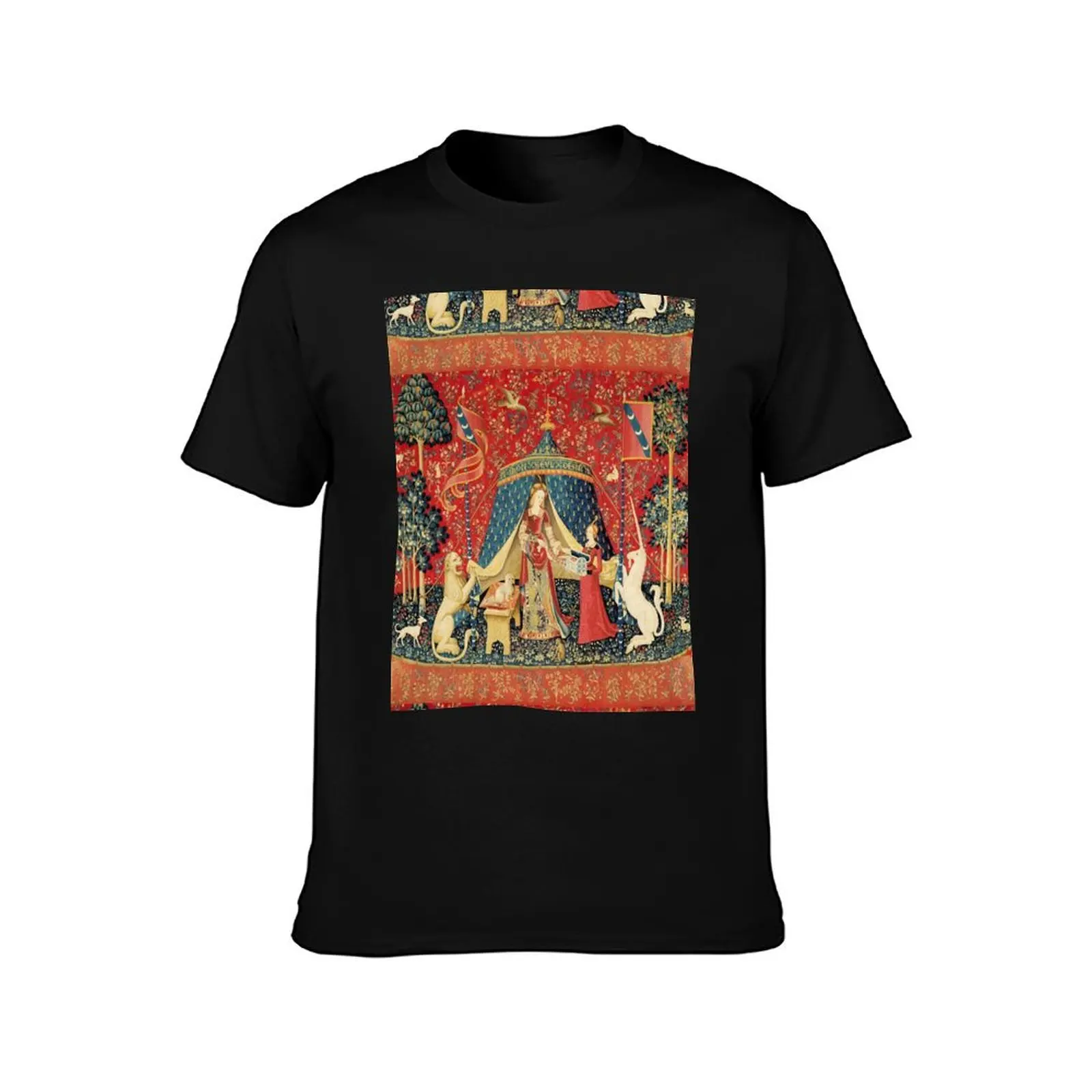 LADY AND THE UNICORN DESIRE ,Lion,Fantasy Flowers,Animals,Red Green Floral Tapestry T-Shirt Summer Casual Cotton Tee