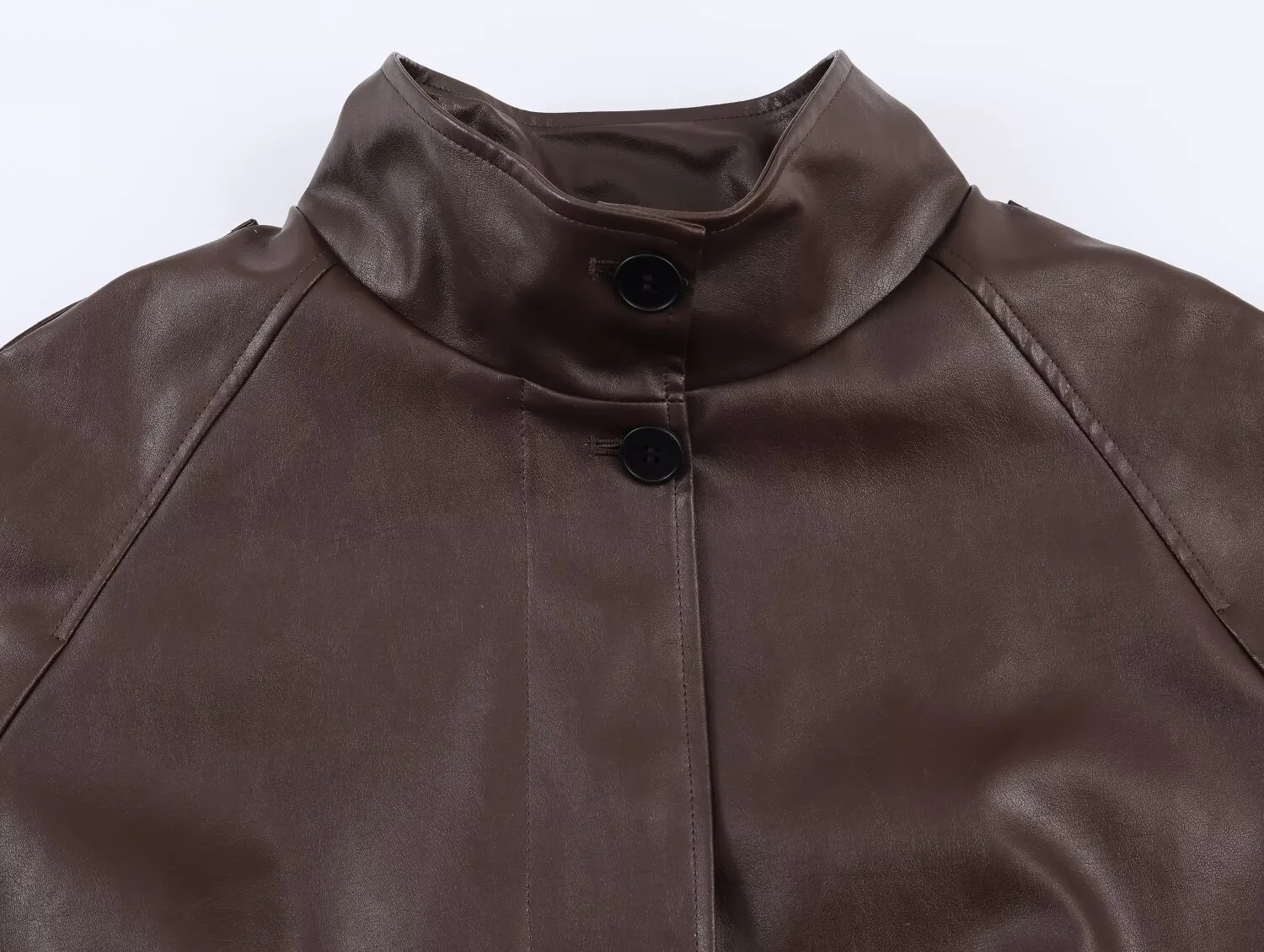 2025 Winter New Women's Casual Fashion Simple Faux Leather Stand Collar Pocket Button Loose Jacket Top