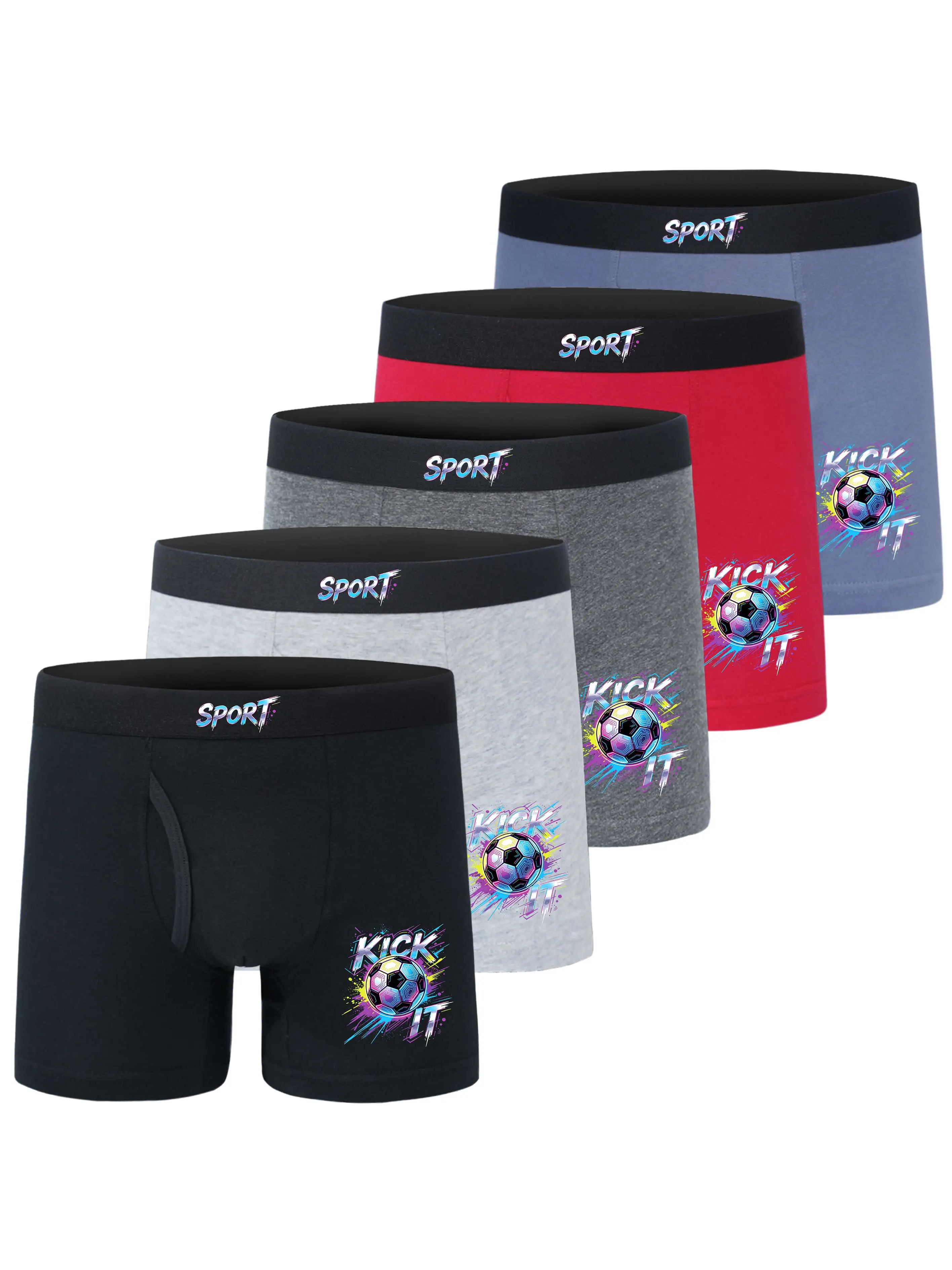 

5PCS Boys Soccer Print Underwear Set 95% Cotton 5% Elastane Soft Breathable Half Placket Opening All Seasons Comfortable Briefs