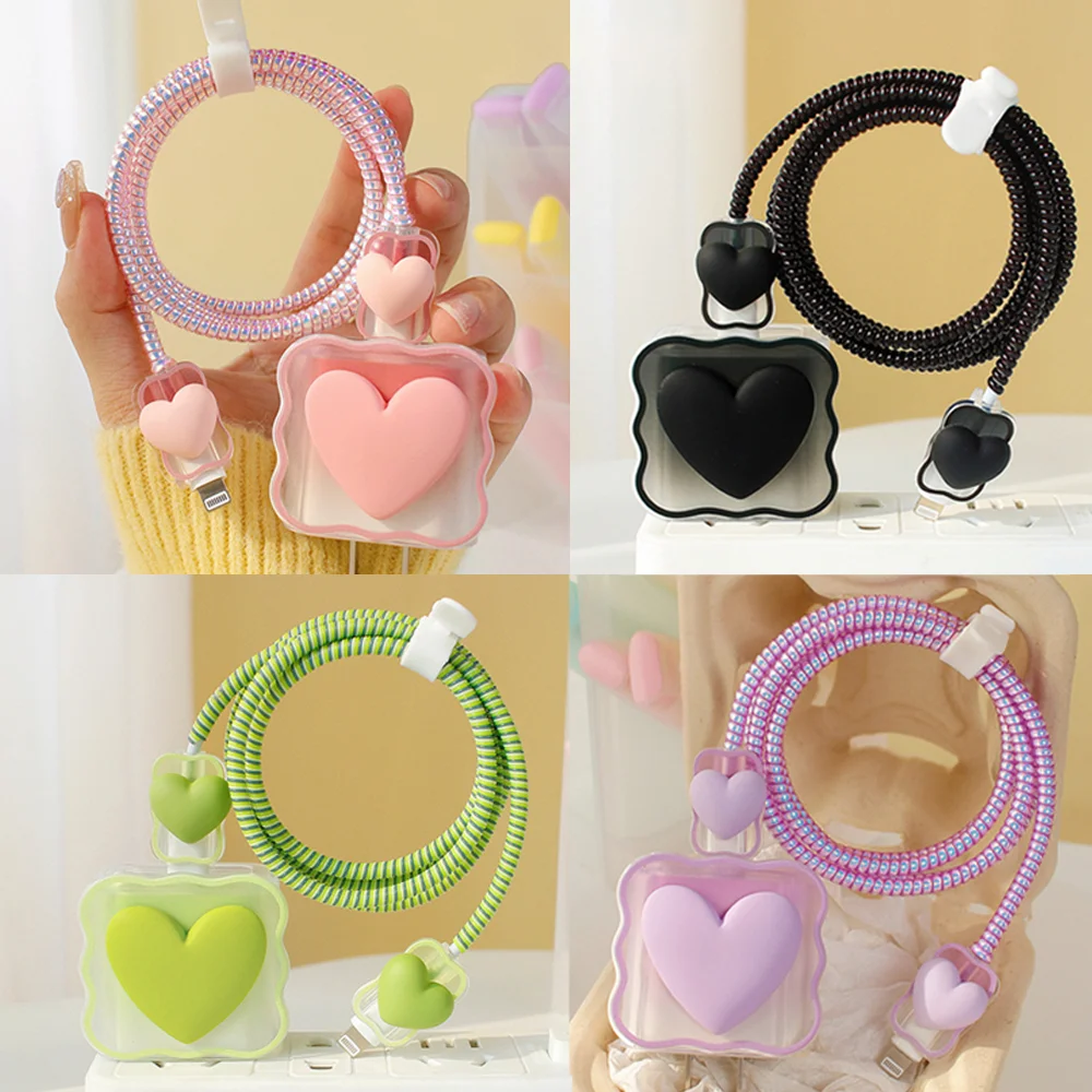 18W 20W 3D Charger Protector Cable Organiser for iPhone 14 13 Pro Max  Love Heart Data Cable Management Cord Winder Kit