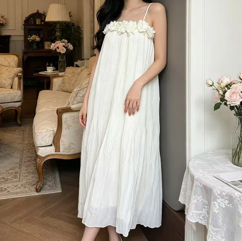 French Morning Dress  Girls Evening Dress Ruffles Flower Sweet Skirt Women's Spaghetti Strape Pajamas Nightgowns Sleepwear