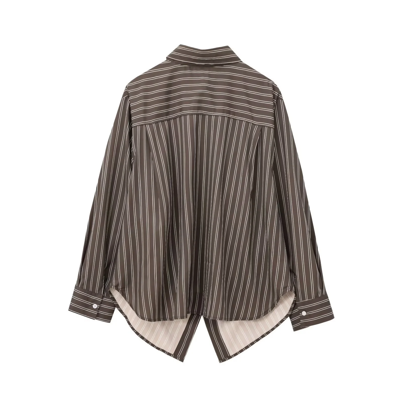 

Новая женская коричневая рубашка в полоску с рукавами-крылышками, длинными манжетами, накладным карманом и застежкой спереди