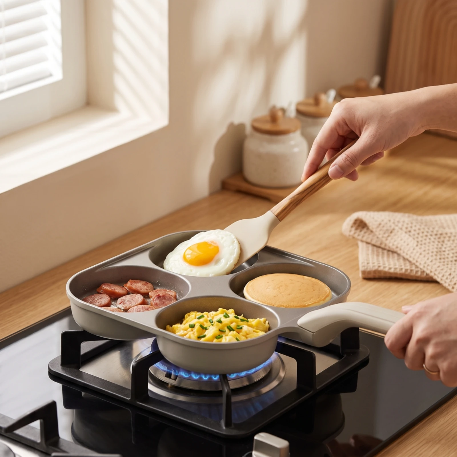 Four-Cavity Frying Pan Thickened Egg Pan with Four Cavities Egg Skillet Easy to Clean Cookware Compact for Students, Breakfast