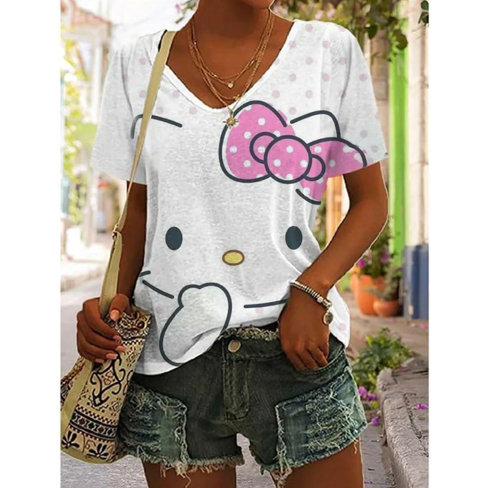 Cartoon T-shirt women\'s Hello Kitty printed short sleeved beautiful V-neck women\'s T-shirt casual summer top women\'s plus size