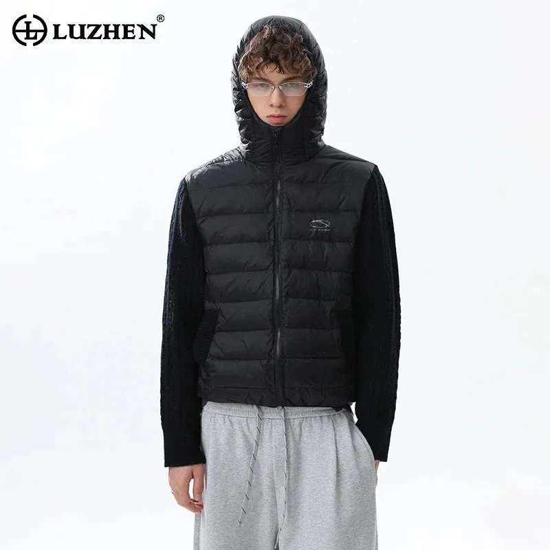LUZHEN 2025 New Original Splicing Knitted Long Sleeve Hooded Padded Coat Men's Fashion Solid Color Casual Parka Jacket JY5139