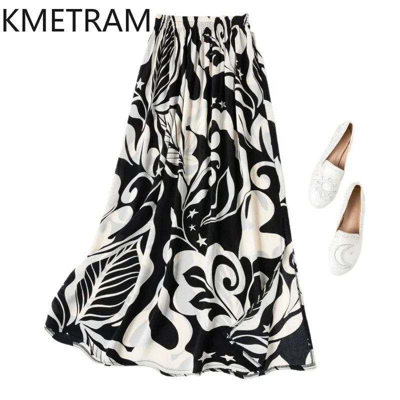 

KMETRAM 100% Natural Mulberry Silk Women's Skirts Fashion Print Long Skirt Casual Summer Skirts 2026 New Woman Clothing cutecore