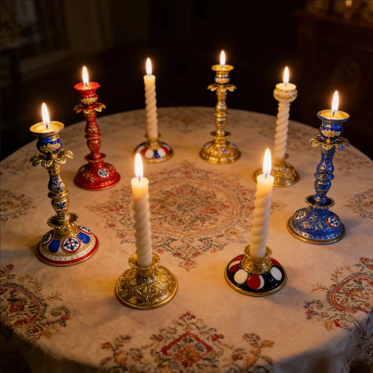 Gold Plated Orthodox Single Taper Candlestick with Enamel Patterns for Church Liturgy Home Altar Prayer Religious Devotion Gift
