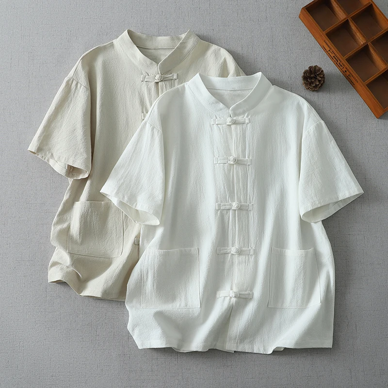 Chinese Style Casual Loose Short Sleeve Cotton Shirts Blouse Women Vintage Traditional Buttons Pockets Tops White Beige Clothing