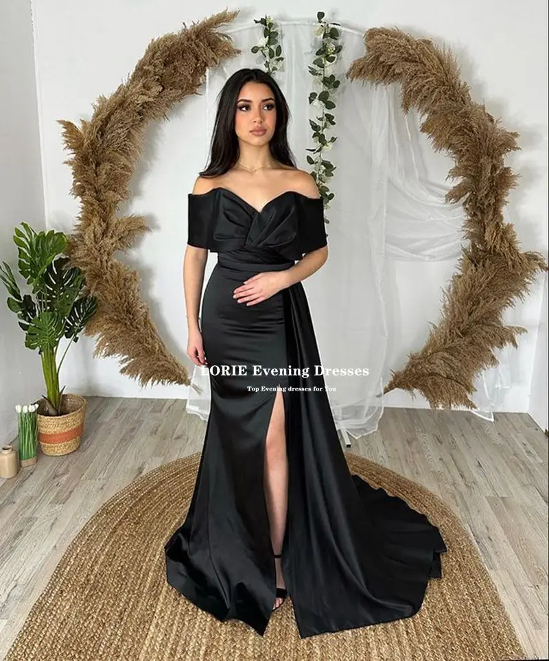 LORIE Black Satin Mermaid Evening Dresses Off The Shoulder Sleeves Leg Slit Formal Prom Party Beauty Pageant Dresses Back Train