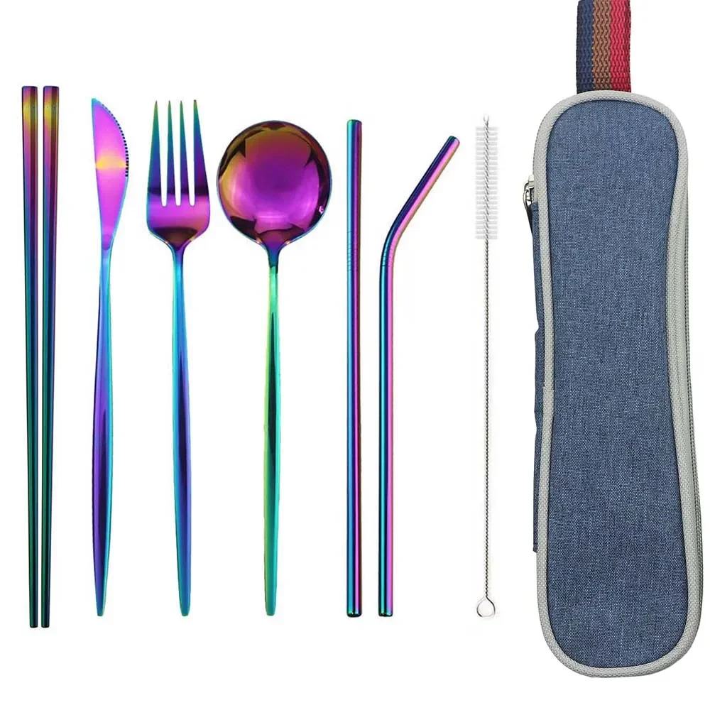 8Pcs/set Tableware Reusable Travel Cutlery Set Camp Dinnerware Set Stainless Steel Spoon Fork Chopsticks Straw Portable Case