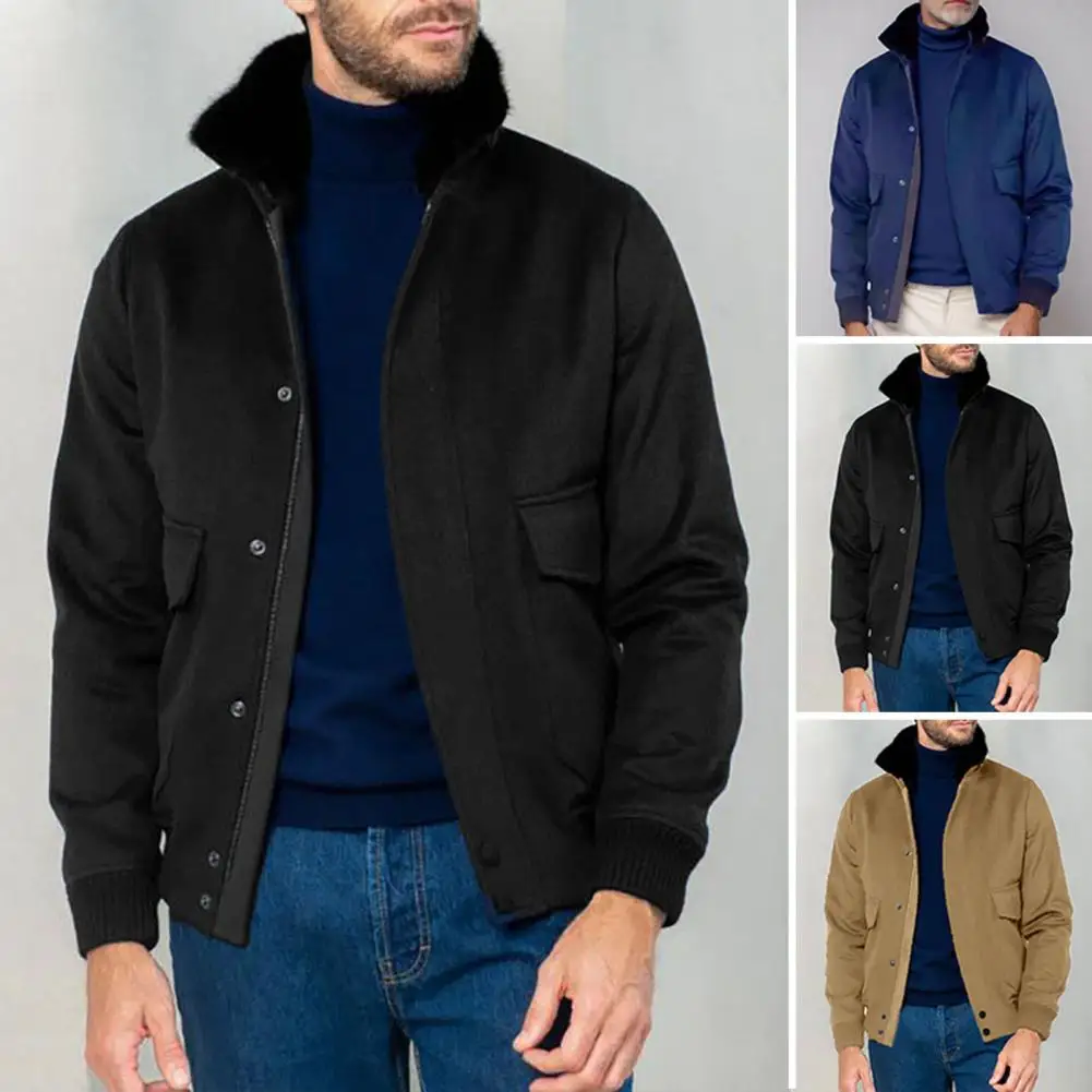 

Single-breasted Jacket Coat Men's Plush Stitching Lapel Jacket Coat with Flap Pockets Solid Color Woolen Outwear for Autumn