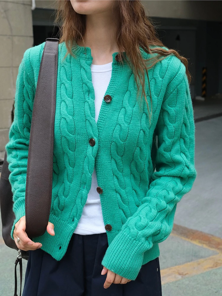 [EAM] Green Vintage Casual Knitting Cardigan Sweater O-Neck Long Sleeve Women New Fashion Tide Spring Autumn 2024 1DH7213