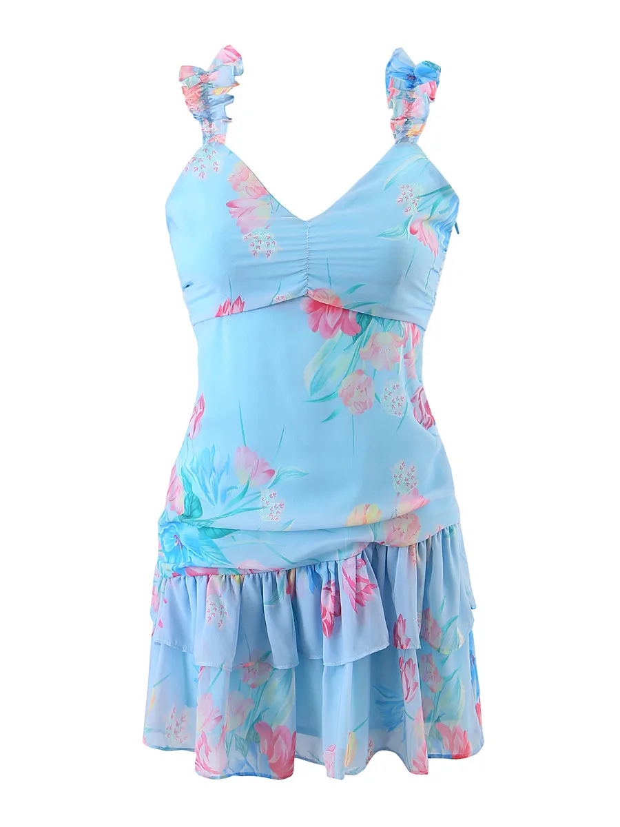 Minivestido Sexy azul con estampado de flores para mujer, Vestido con tirantes y orejas de madera, escote en V, cintura baja, dobladillo con volantes en cascada, 2022