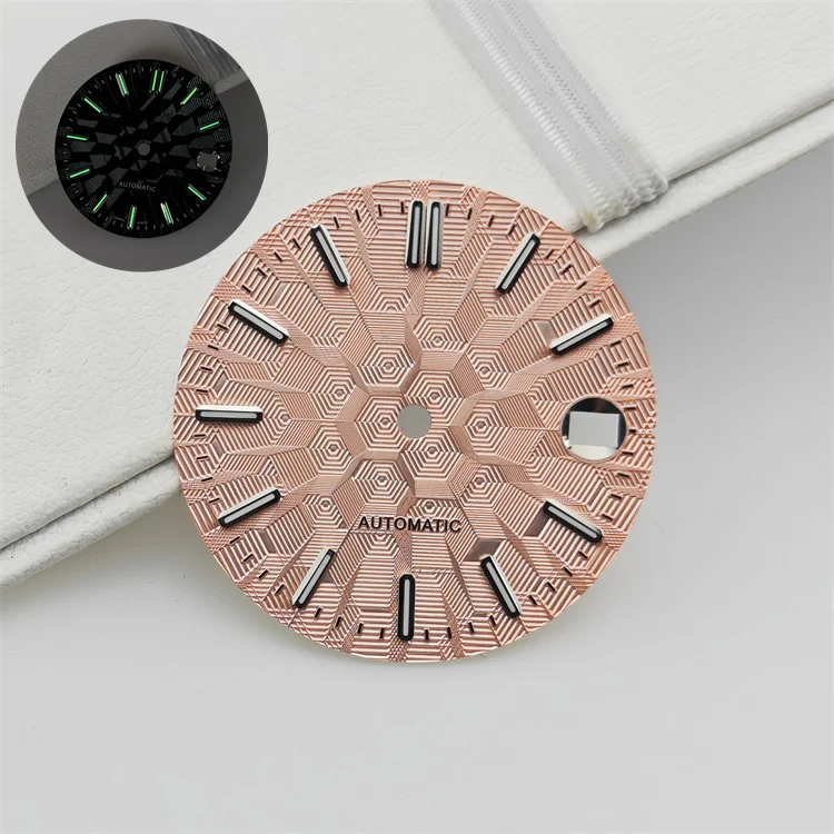 NH35 Watch Dial and Watch Hands 28.5mm Geometric Shapes Texture Dial Green Luminous Watch Accessories for NH35 NH36 Movement