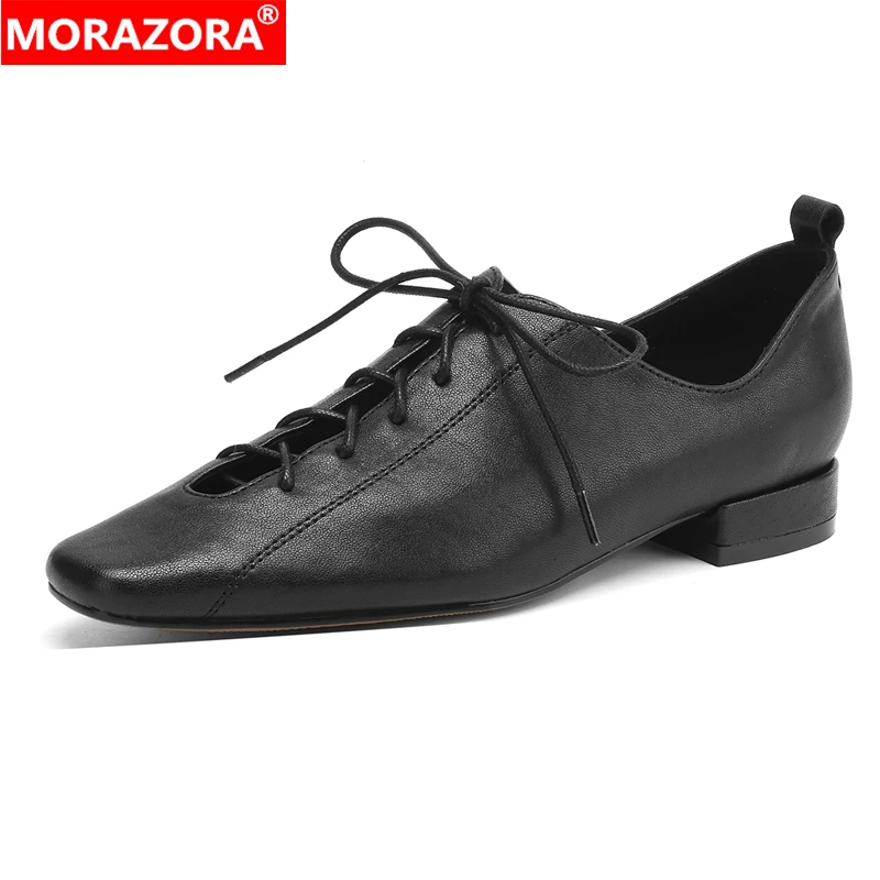 

MORAZORA/2025 Новые туфли из натуральной кожи, женские туфли-лодочки на шнуровке с квадратным носком на низком каблуке, весна-лето, женские офисные модельные туфли