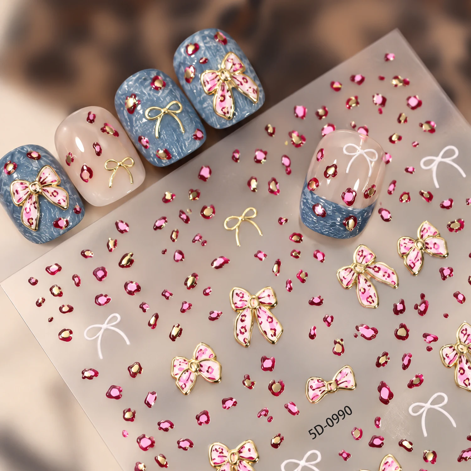 1Pcs 5D Pink Leopard Print Bow Nail Stickers Gold Edge Ribbon Self-Adhesive Nails Decals Autumn Irregular Leopard Manicure Decor