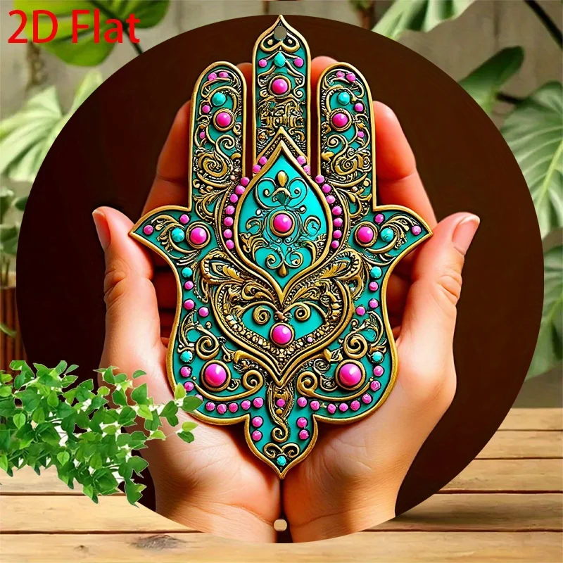 2D Flat, 1pc Vintage Hamsa Hand Metal Wall Art - Turquoise & Islamic Symbol with Pink Hamsa Eye, Hamsa Hand Hands & Hamsa Finger