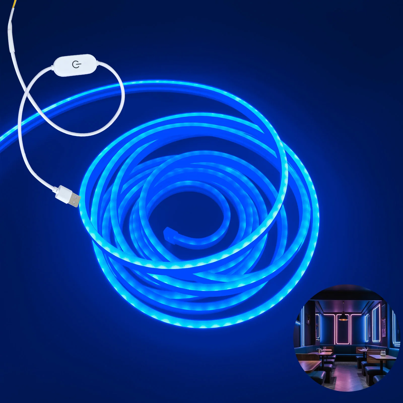 100-500cm/39.3-196.8inch Led Blue Flexible Neon Light with 5v Low Voltage Usb Power Supply, Touch Adjustment Control Lighting, Outdoor Indoor Universal Decorative Neon Light Rope Light