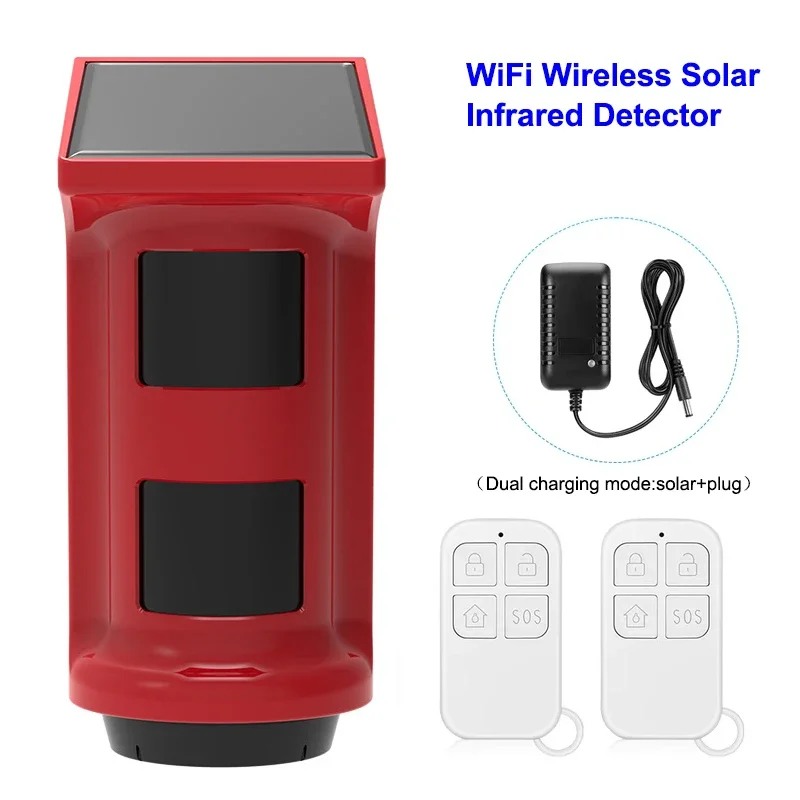 ACJ Outdoor Solar Infrared Alarm With 2PC Remote Control Waterproof PIR Siren Wireless Burglar Strobe Sensor For Home Security