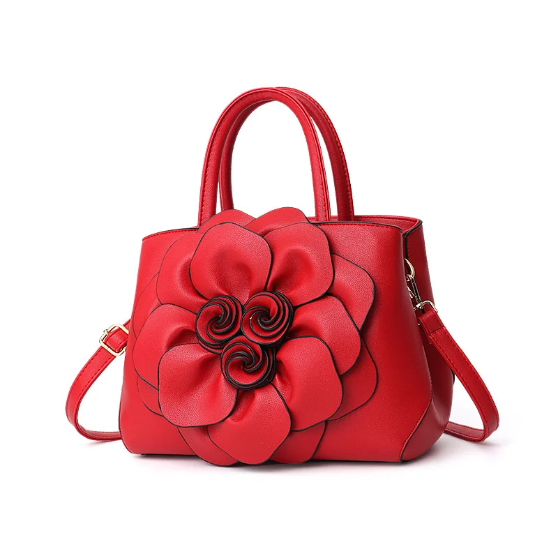 Spring Solid Color College Style Women\'s Bag PU Leather Flower Hand Shoulder Bag Cute Bag