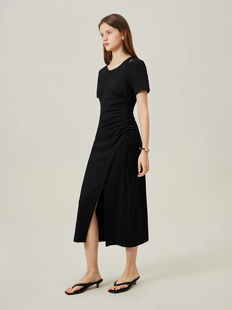 FSLE French Style Elegant Slim Long Dress For Female 2024 Summer New Versatile Casual Female Dress Black Dress 24FS12423