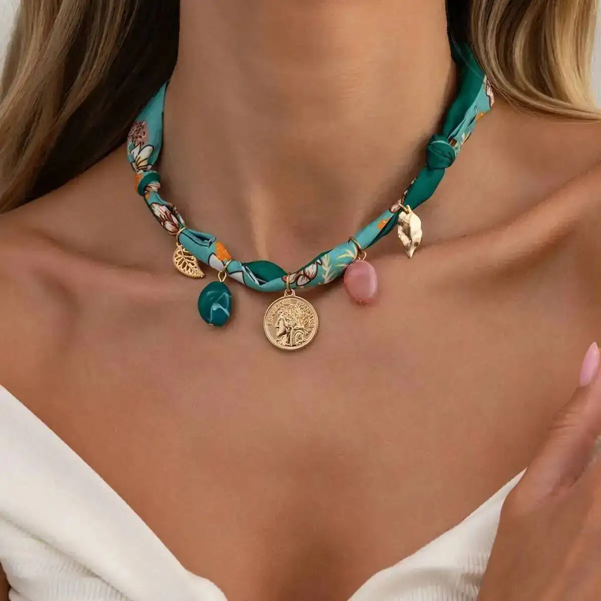 SHIXIN Boho Geometry Gold Color Round Coin Leaves Pendant Necklace Women Exquisite Weave Scarf Chain Adjustable Jewelry Accessor