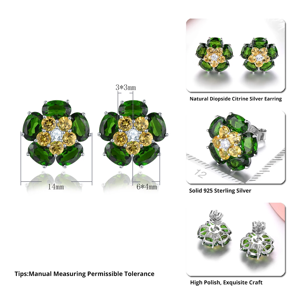 Natural Chrome Diopside Citrine Solid Sterling Silver Women Stud Earring 6 Carats Genuine Multicolor Fine Jewelrys Exquisite