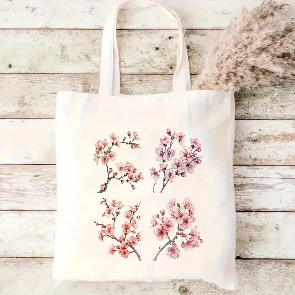 Floral Art Canvas Tote Bag Eco Friendly Soft Pink Cherry Blossom Branch Watercolor Print Shopping Picnics Daily use Yoga Bag