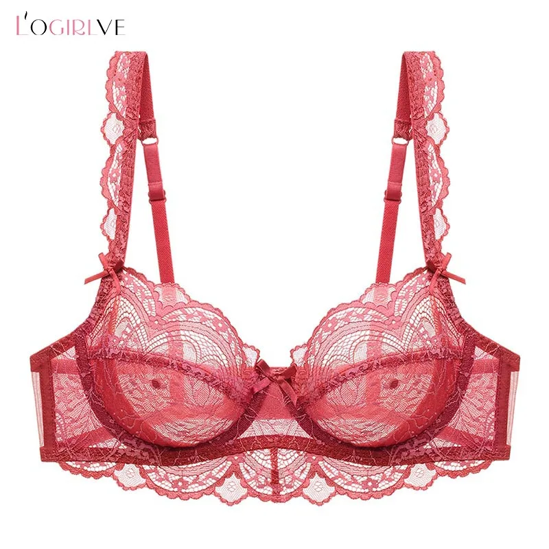 Logirlve Ultrathin Bra Transparent Brassiere Sexy Underwear Plus Size Cup Embroidery Women Lingerie Lace Bras Hollow out 6pcs