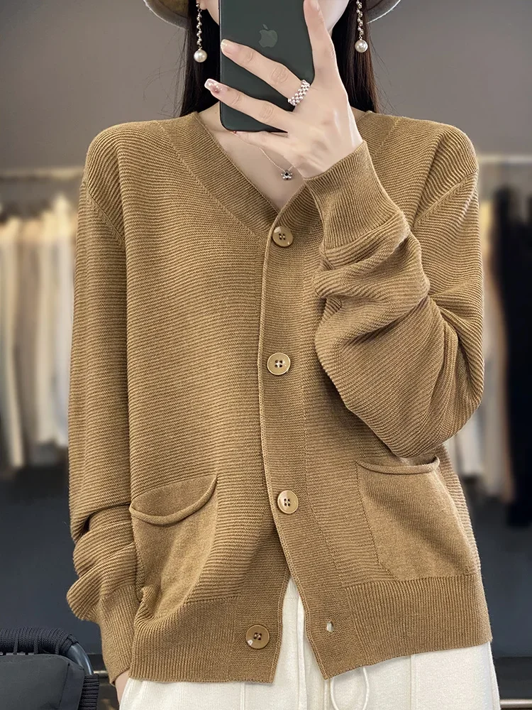 

Linen Cardigan Sweater Women V-neck Long Sleeve Top Korean New In Outerwears Mujer Knitwear Pockets Designer Spring Clothe F648