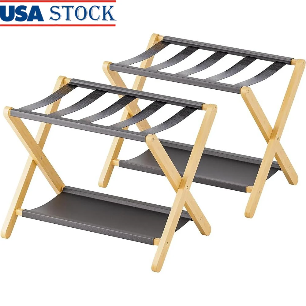 Folding Luggage Rack Set of 2 Bamboo Suitcase Stand with Storage Shelf Hotel Bedroom Closet Easy Assembly Durable Design