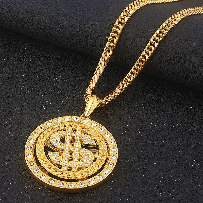 Rotatable US Dollar Money Sign Pendant Necklace Men Rapper Hip Hop Punk Long Chain Necklace Women Statement Necklace Gift